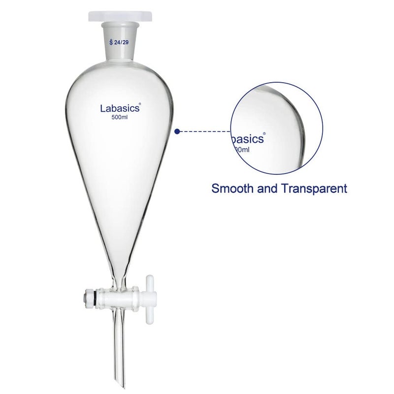 Labasics Conical Separatory Funnel, 500 ml Heavy Wall Borosilicate Glass Separating Funnel with 24/29 Joints and PTFE Stopcock - Image 3